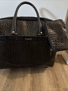 Bugatti Black Croc-Embossed Laptop Rolling Bag with Matching Pouch